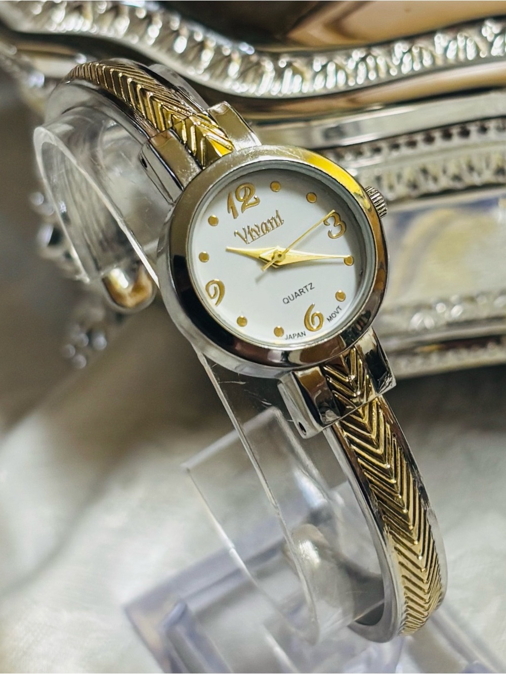 Vivani Silver Gold Cuff Clamper Watch Bracelet